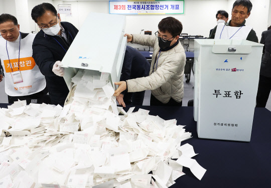 3월 8일 오후 경기도 수원시 팔달구선거관리위원회에서 제3회 전국동시조합장선거 개표가 진행되고 있다. <연합뉴스>